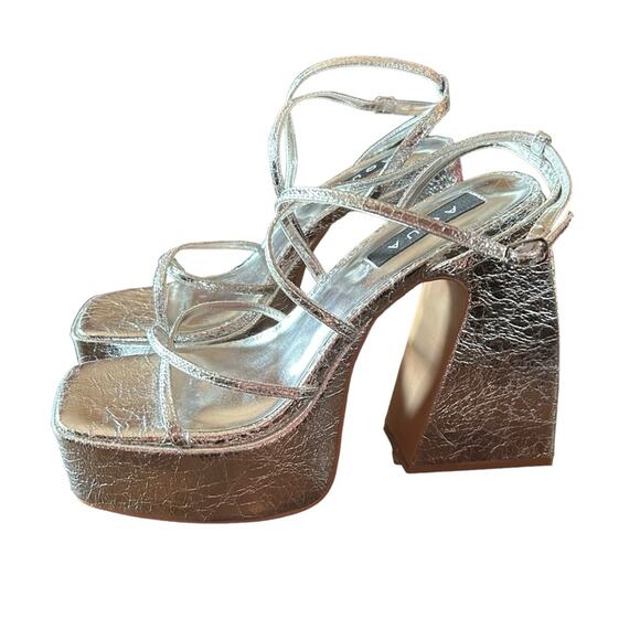 Aqua Chanc Metallic Silver High Heel Platform Sandals Square Toe Strappy NEW 8.5 - Picture 1 of 10